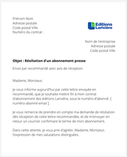 la lettre pour resilier un abonnement des editions lariviere