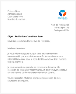 La lettre de résiliation d'un contrat internet Bbox Asso