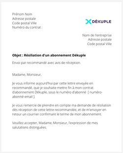 La lettre de résiliation d'un abonnement Dékuple