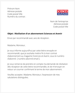 Résiliation d'un abonnement Sciences et Loisirs