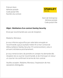 la lettre pour resilier un contrat de telesurveillance stanley security