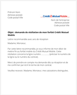 Lettre de résiliation d'une offre mobile Crédit Mutuel Mobile