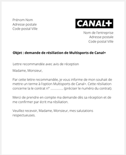 Lettre de résiliation Multisports Canal+