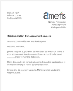 Lettre de résiliation pour se désabonner d'Ametis