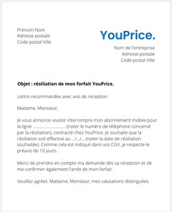 Lettre pour stopper un abonnement mobile YouPrice.