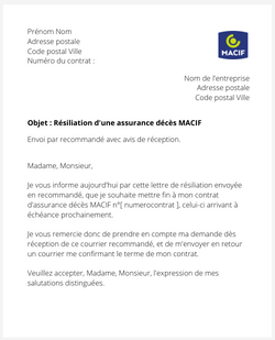 Résiliation d'un contrat décès MACIF