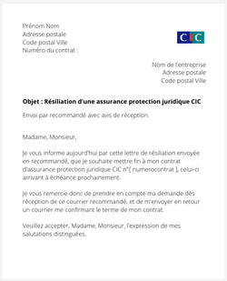 Résiliation d'une protection juridique CIC