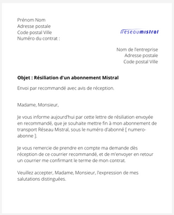 Résiliation d'un abonnement de transport Mistral