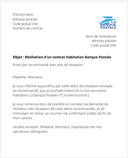 La lettre de résiliation d'une assurance logement Banque Postale