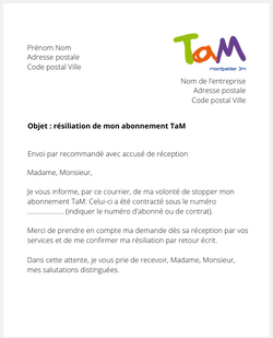 Lettre pour résilier un abonnement TaM