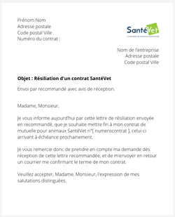 La lettre de résiliation de la mutuelle animale SantéVet