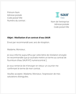 la lettre pour resilier un contrat de fourniture deau saur