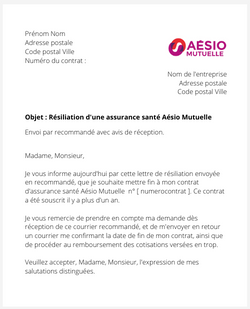 Résiliation d'un contrat santé Aésio Mutuelle