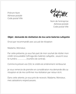 Lettre pour résilier une carte Galeries Lafayette