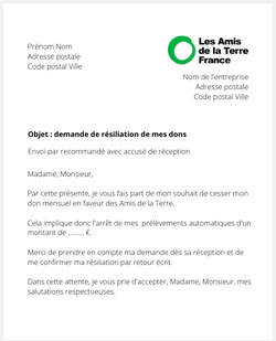 la lettre pour resilier des dons aux amis de la terre