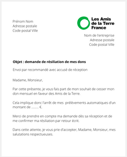 Lettre pour résilier des dons aux Amis de la Terre