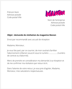 Lettre pour résilier un abonnement à Manon