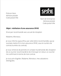 La lettre de résiliation d'un contrat SPVIE Assurances