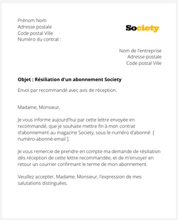 Résiliation d'un abonnement Society