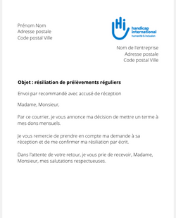 Lettre pour résilier les dons à Handicap International