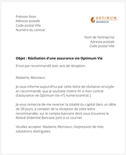 Résiliation d'une assurance vie Optimum Vie