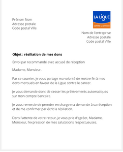 la lettre pour resilier des dons a la ligue contre le cancer