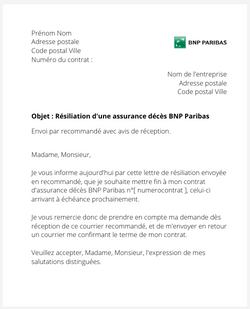 Résiliation d'un contrat décès BNP Paribas