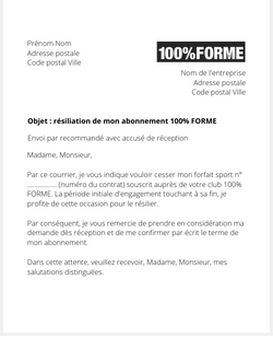 Lettre pour résilier un forfait 100% FORME