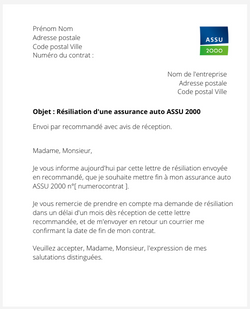 lettre resiliation contrat auto ASSU 2000