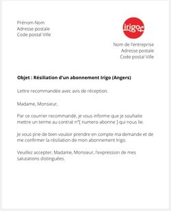 Lettre de résiliation d'un abonnement Irigo (Angers)