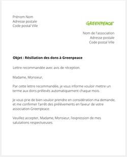 Lettre de résiliation pour arrêter les dons à Greenpeace