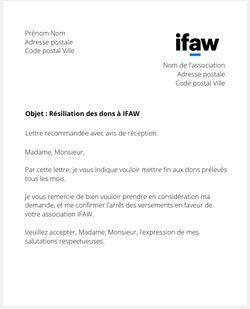 Lettre de résiliation des dons à IFAW