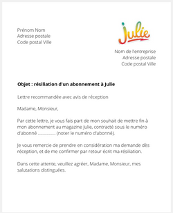 Lettre de résiliation pour le magazine Julie