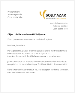 Lettre pour résilier la GAV Solly Azar