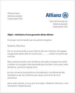 Lettre pour résilier une garantie décès Allianz