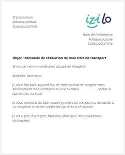 Lettre de résiliation d'un titre de transport IziLo (Lorient)