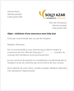 Lettre pour résilier un contrat auto Solly Azar
