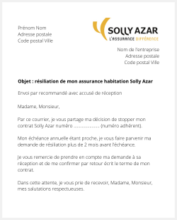 Lettre pour résilier le contrat habitation Solly Azar