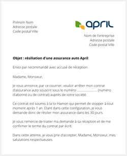 Lettre pour résilier l'assurance auto April