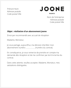 Lettre pour résilier un abonnement à Joone