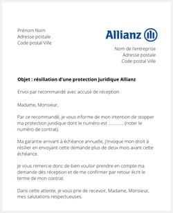 Lettre pour résilier une protection juridique Allianz