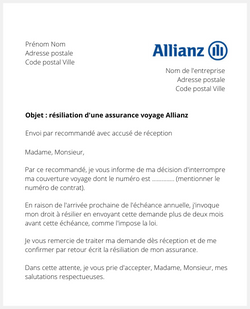 Lettre pour résilier l'assurance voyage Allianz